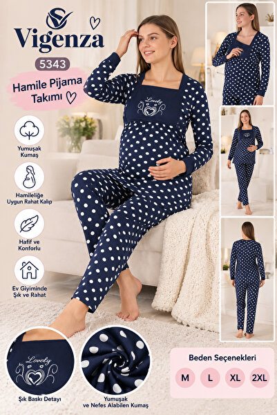 Genel Markalar Hamile Kadın Puantiyeli Pijama Takımı | Emzirme Detaylı 🤍💙