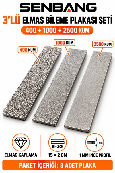 SENBANG 3’lü Elmas Bıçak Bileme Plakası Seti 400–1000–2500 Kum 15 x 2 cm