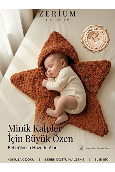 ZERİUM Baby Sleeping Cocoon - Hand Knitted Star Model (2-4 Months) Brown