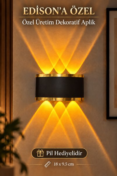 Edison Pilli LED Duvar Apliği Gold Şeritli Kablosuz Amber Işık Çift Yönlü Dek...