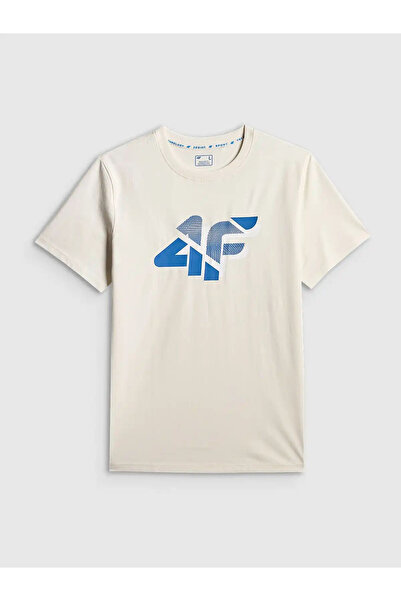 4F Tricou bărbătesc din bumbac crem, cu imprimeu, croială regulară, stil spor...