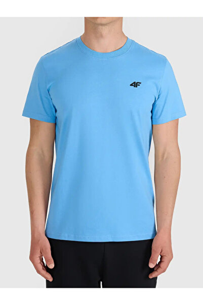 4F Tricou bărbătesc 100% bumbac, albastru deschis, croială normală, guler rot...