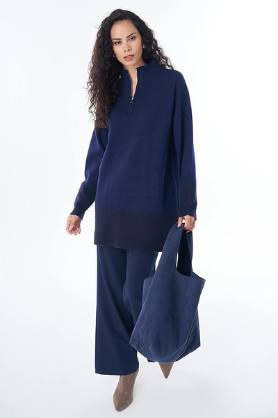 Kayra Zipper Collar Patterned Knitwear Tunic Navy Blue