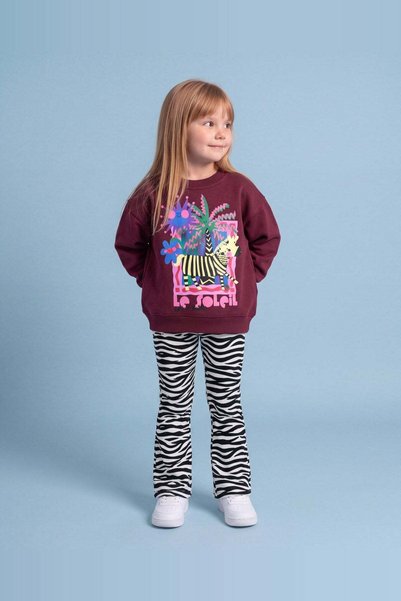 Karchir Kız Çocuk Zebra Taytlı Takım Baskılı Sweatshirt İspanyol Paça Tayt 2-...