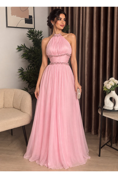 Barly Light Pink Long Evening Dress Elegant Halter Neckline Design with Spark...