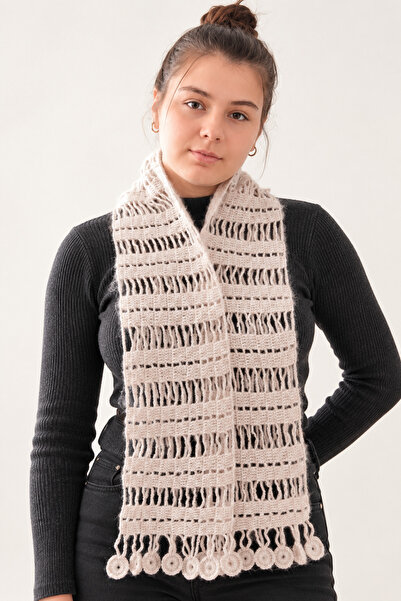 NEHOLİA Women's Hand Knitted Gray Scarf with Floral Detail, Openwork Knitted Shawl, Neck Collar, Winter Accessory
