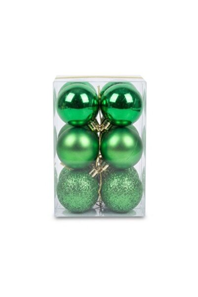 Noname Set of 12 Christmas balls 4 cm green glossy and with brocade