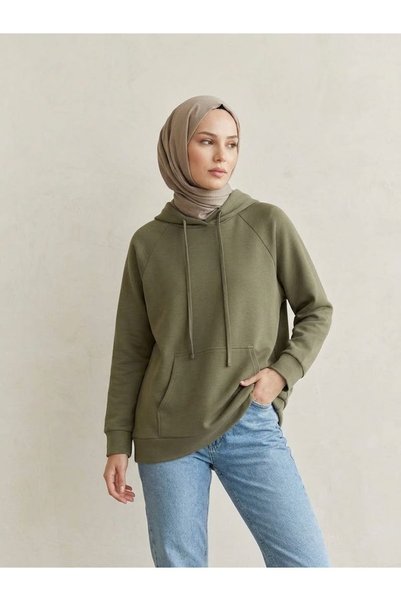 Generic Brand Hooded Kangaroo Pocket Oysho Tunic-Khaki
