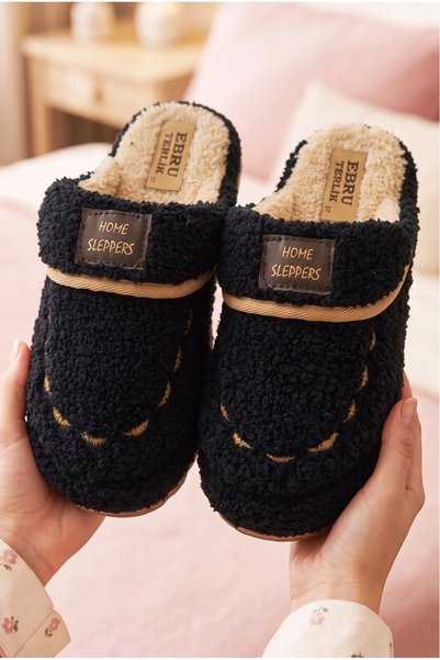 N MODA 2'li Karma Erkek Kadın Avantajlı Paket Peluş Ev Terliği Kapalı Burun Arkası Açık Sıcak Rahat Panduf