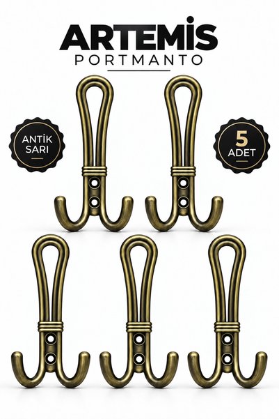 Badem10 [5 Adet] Artemis Askı Portmanto Vestiyer Duvar Askısı Metal Antik Sar...