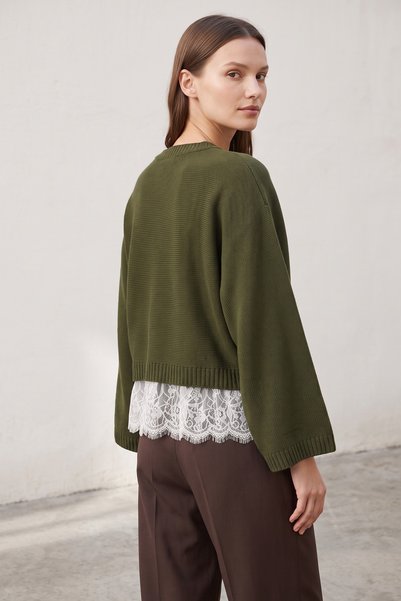zenne Pulover din tricotaj cu detaliu din dantelă T2615 - KHAKI