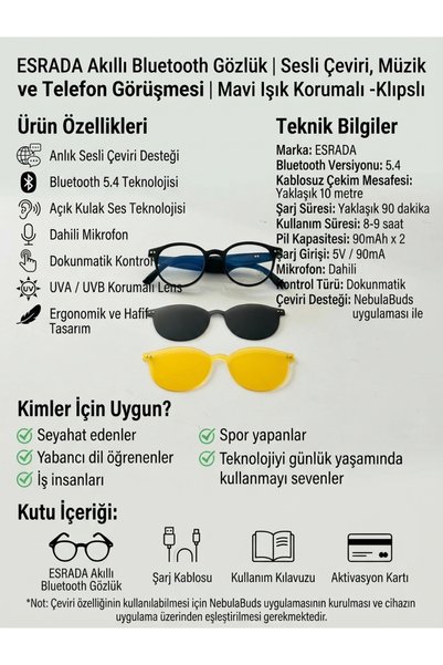ESRADA Smart Bluetooth Glasses |   Voice Translation, Music, and Phone Call |   Blue Light Protection- Clip