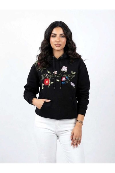 DAY BY DAY Women's Hoodie (Sweatshirt) with Colorful Floral Embroidery and Ho...