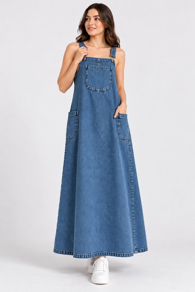 BUL-AL Kadın Uzun Denim Jile Elbise – Askılı Cepli Jean Elbise