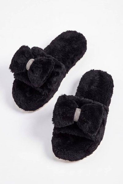 NAVİSHOES Black Women's Ribbon Buckle Open Plush House Slippers 2028Nav