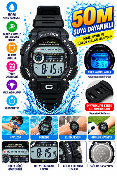 onlinekordon Dijital Çocuk Kol Saati 50M Water Resistant Suya Dayanıklı Deniz...