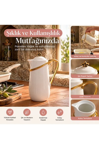 Pembishayatlar Gold Detaylı Porselen Yağlık – Zeytinyağlık & Sosluk – Şık Yıldız Kapaklı Yağdanlık