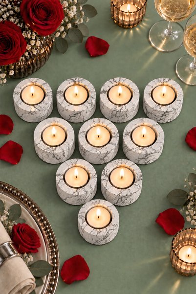betonmall 10’lu Beton Tealight Mumluk Seti Romantik Kutlama Yemeği Masa Dekor...