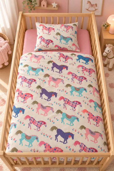 İQON 100% Cotton Baby Duvet Cover Set Colorful Horses
