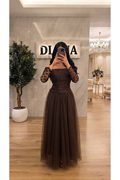 dlona فستان تل مع ترتر بني - M