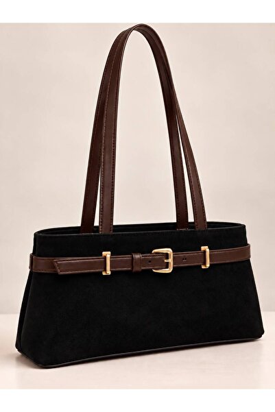 Katusa Women's Leather Belt Detail Black Suede Shoulder Bag
