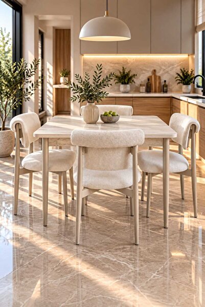 Tool AKSESUAR T-8074 TRAVERTEN SABİT MASA MDF 70X120 İBİZA KREM SANDALYE 4 Kİ...