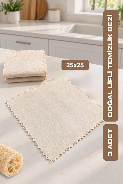BEYZANA 25x25 Doğal Lifli Temizlik Bezi, Yüksek Emici Özellikli, Tüy Bırakmayan ve Yağa Dayanıklı Bez 3 Adet