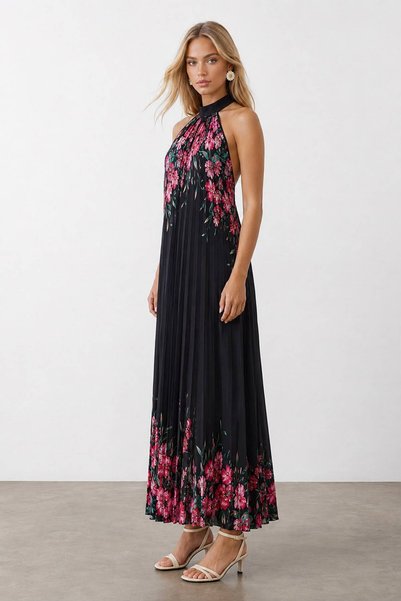 Pasaklı Giyim Women's Floral Patterned Neck Tie Pleated Women's Long Dress A-001-715