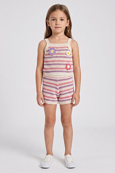 Badgley Mischka Kids Girl 2 Pcs Stripe Crochet Top And Shorts Set, Multicolor