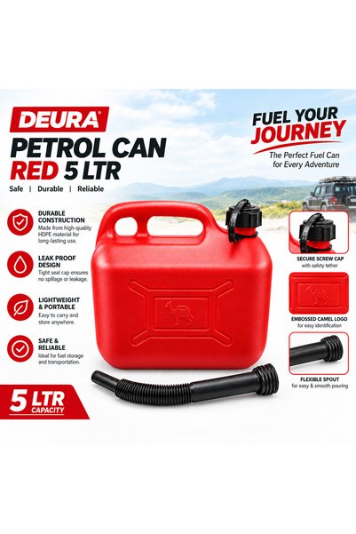 DEURA 5L Petrol Can Red Heavy Duty Fuel Storage Container with Flexible Spout and Carry Handle