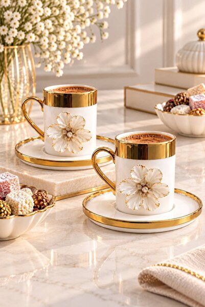 Bayev 2-Person Gold Porcelain Coffee Cup with Gilt Design 100 ml