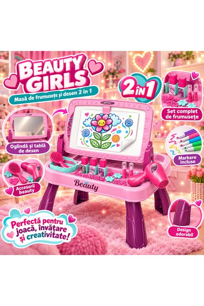 RS Toys Μπιούτι Γκερλς 2 σε 1 – Τραπέζι ομορφιάς με καθρέφτη και πίνακα σχεδί...