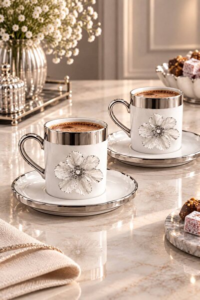 Bayev 2-Person Gilded Design Silver Porcelain Coffee Cup 100 ml