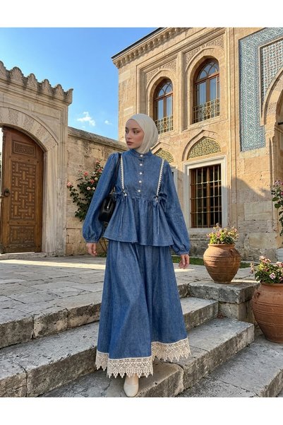QUAWEAR Bisiklet Yaka Dantel Detaylı Bağcıklı Tunik Beli Lastikli Etek Kot Kumaş İkili Takım