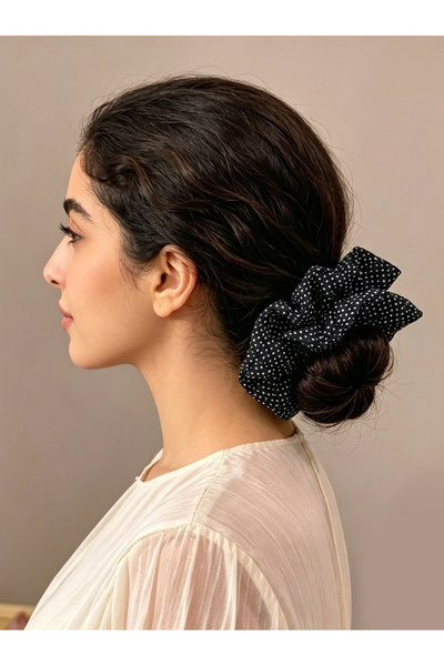 Take Two By Styli Dark Navy Crinkle Scrunchie with Polka Dot Print, 12cm