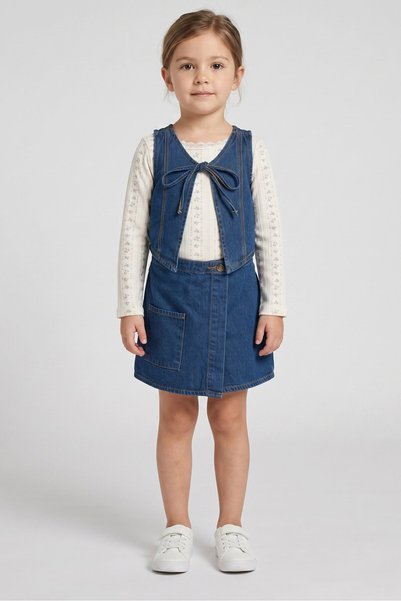 Badgley Mischka Kids Girl 3 Pieces Floral Print Top And Vest With Denim Skort...