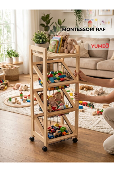 Yumeo Montessori Ahşap Oyuncak Düzenleyici Raf - 4 Katlı Tekerlekli Çocuk Oda...