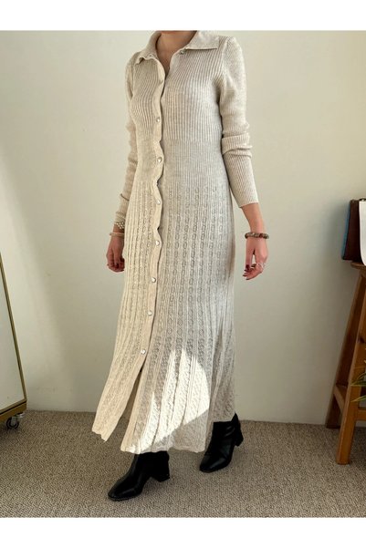 Hepsi Moda Ribbed Mercerized Knitwear Dress - 2405 - Beige