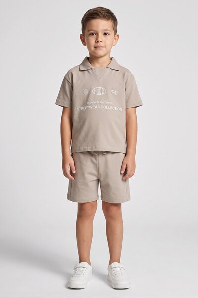 Fudo Kids Boy 2 Pcs Graphic Print Polo Shirt And Shorts Set, Dark Beige