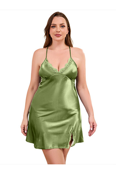 Take Two By Styli Green Satin Lace Trim Slip Dress