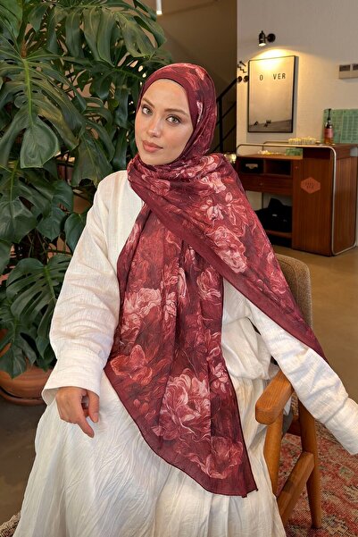 lamelif Vintage Flower Pattern Bamboo Shawl Dark Burgundy