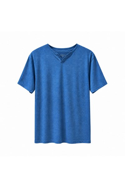 Generic Brand Men's V-Neck Henley T-Shirt, Steel Blue I Atlantic Bay
