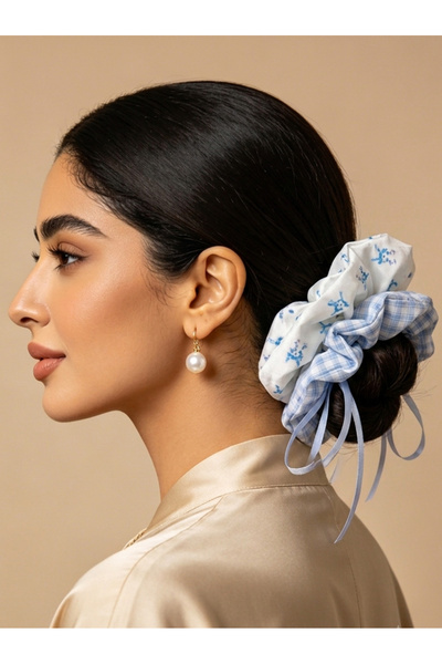 Take Two By Styli White Base Floral Print Scrunchie with Gingham Patch, 12cm