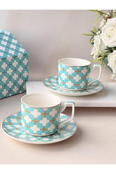 ROSSEV Porcelain Turkish Coffee Cup Set for 2 People 4 Pieces Angel Mint