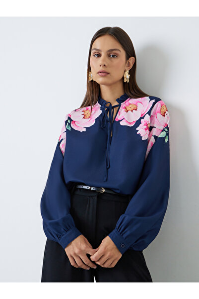 Styli Navy Floral Placement Print Tie-Up Neck Blouse