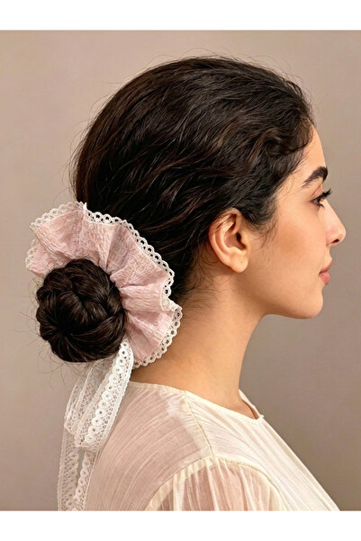 Take Two By Styli Light Pink Crinkle Scrunchie with Lace Trim, 13cm
