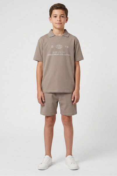 Fudo Kids Boy 2 Pieces Short Sleeve Polo Shirt And Shorts Set, Taupe
