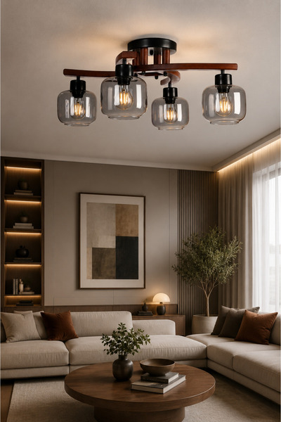 Skandi Lighting Skandi Gilda 4'lü Ceviz Füme Camlı Plofonyer Avize