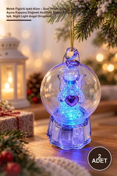 Yenilig 2 Adet Melek Figürlü Işıklı Küre – Saat Piliyle Çalışan Açma Kapama Düğmeli Asılabilir Dekor, 3 Renk Işık, Night Light Angel Ornament