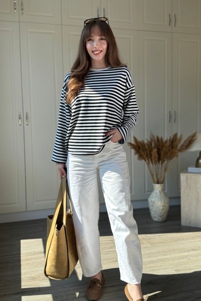 Dilay Gökoğlu Butik Modal Kumaş Siyah Çizgili Sweatshirt